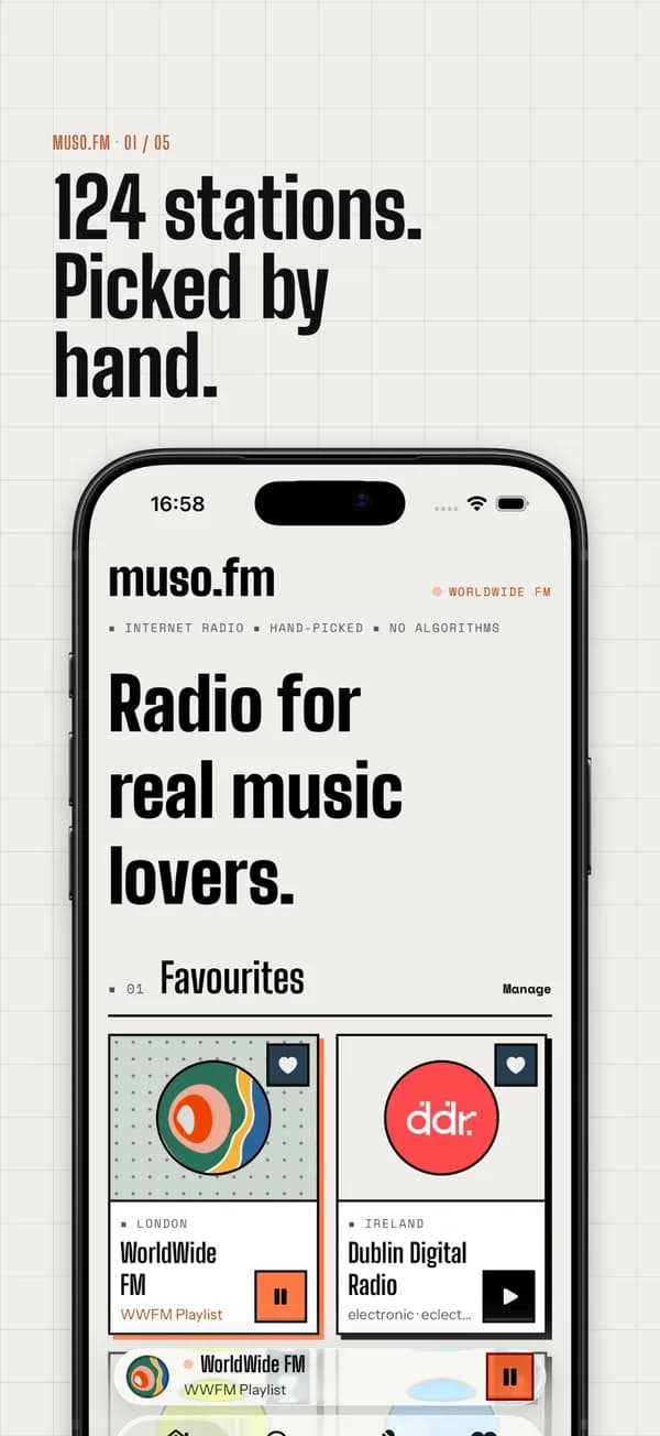 muso.fm on iPhone: 124 stations, picked by hand. The Home screen with your favourites